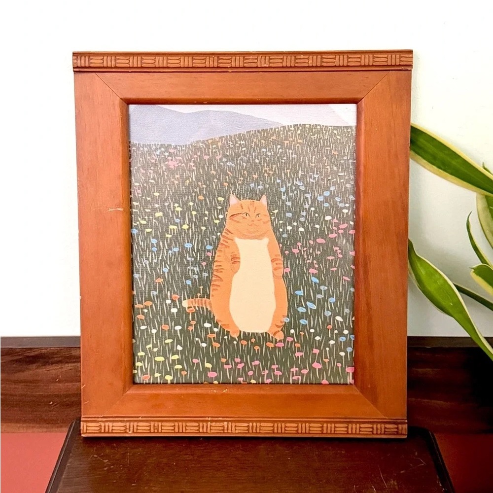 Fat Orange Cat in a Field of Flowers Quirky Canvas Art Print Vintage Wood Framed
